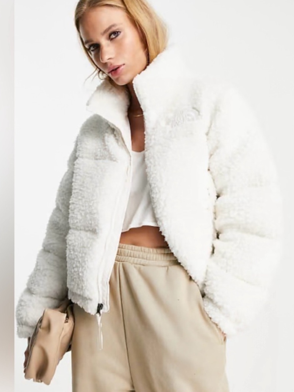 The North Face Nuptse Cropped High Pile Down Jacket in Gardenia White